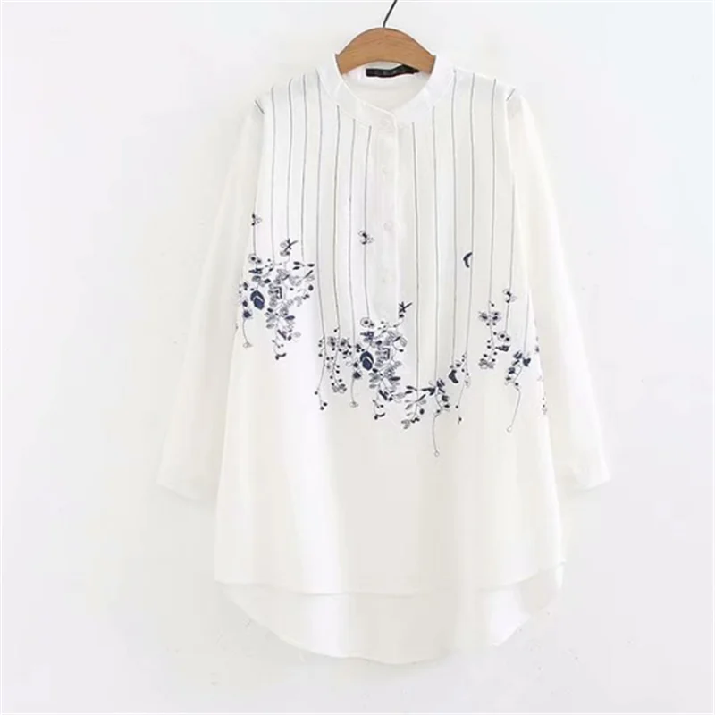 Блузка женская из хлопка и льна с длинным рукавом свободного покроя вышивкой в