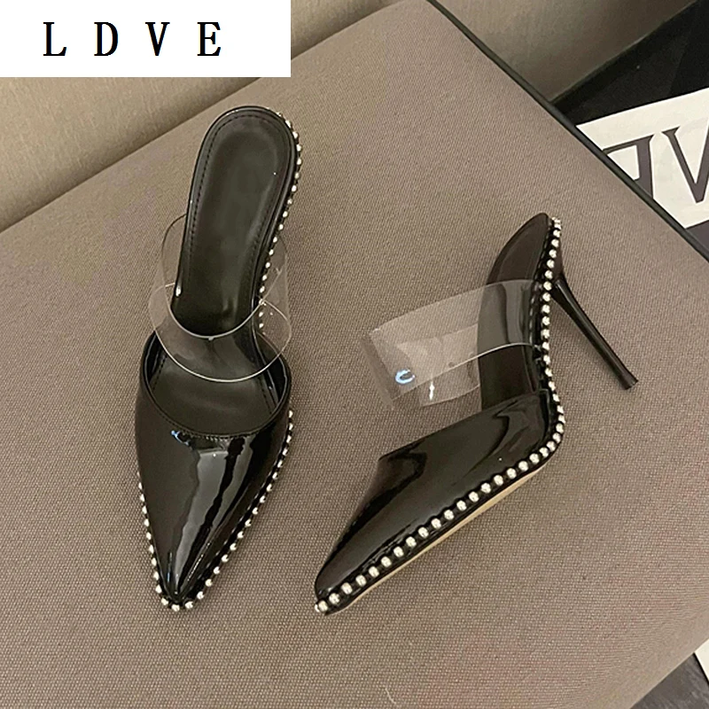 

2022 Fashion Pointed Toe Patent Leather British Style Crystal Bordered Thin High Heel Slippers Party Pumps Black 35-39