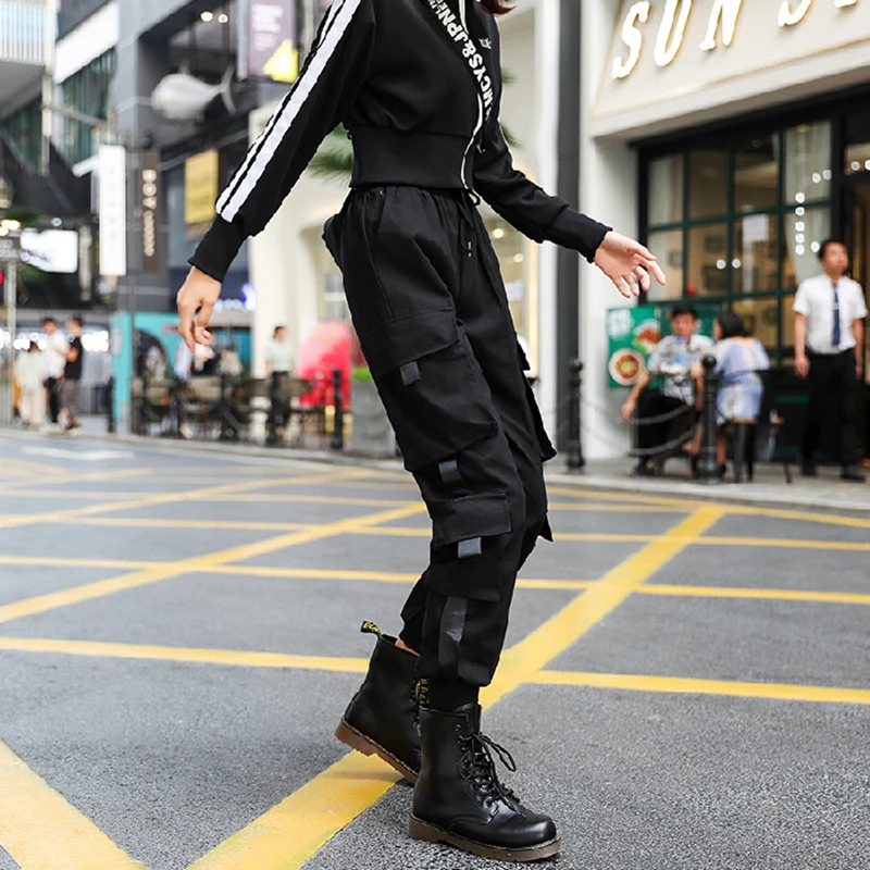 Новые брюки-карго женские черные джоггеры с эластичным поясом брюки