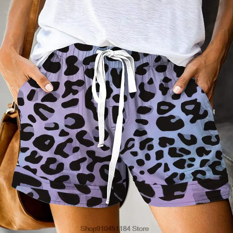 

Summer Sexy Leopard Print Women Short Casual Home Drawstring Streetwear Waist Pant Ladies High Wasit Pockets Loose Trousers