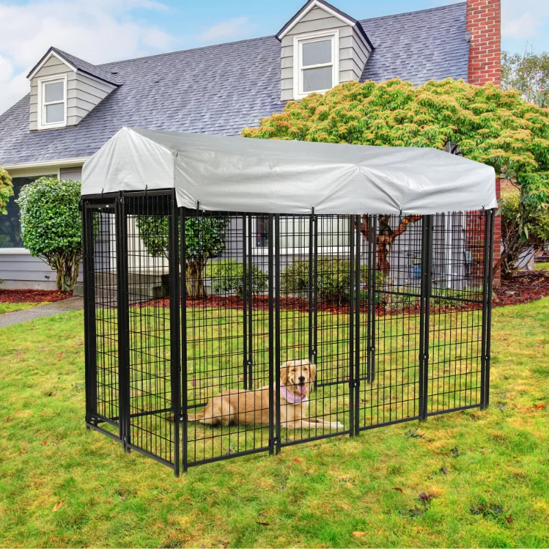 

6.9x3.3x5.6 Ft Dog Kennel with Waterproof Cover Welded Wire Outdoor Dog Playpen Black Heavy Duty Metal Frame Easy Cleaning