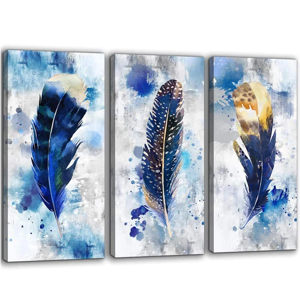 

Feather 5D Diy Diamond Painting For Living Room Bedroom Blue Watercolor Diamond Mosaic Embroidery 3 Pieces Home Decor Triptych