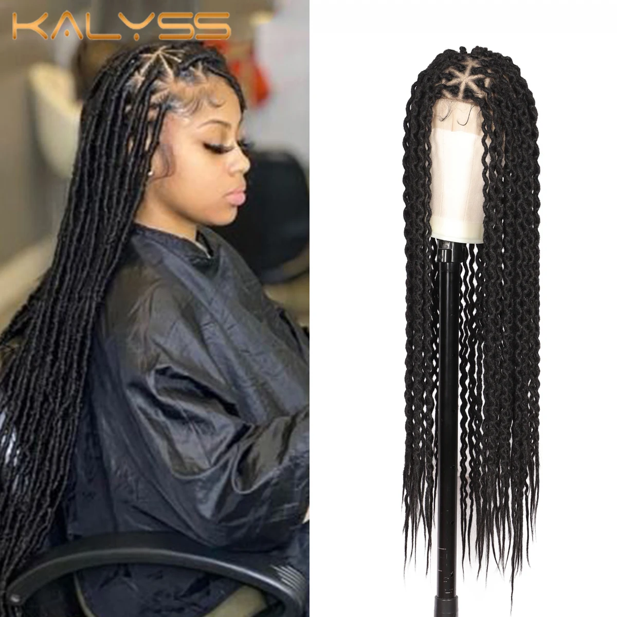 Kalyss 36" Full Lace Front Loc Braided Wigs With Baby Hair Triangle Knotless Dreadlock Braid Hair Synthetic Wig For Black Women