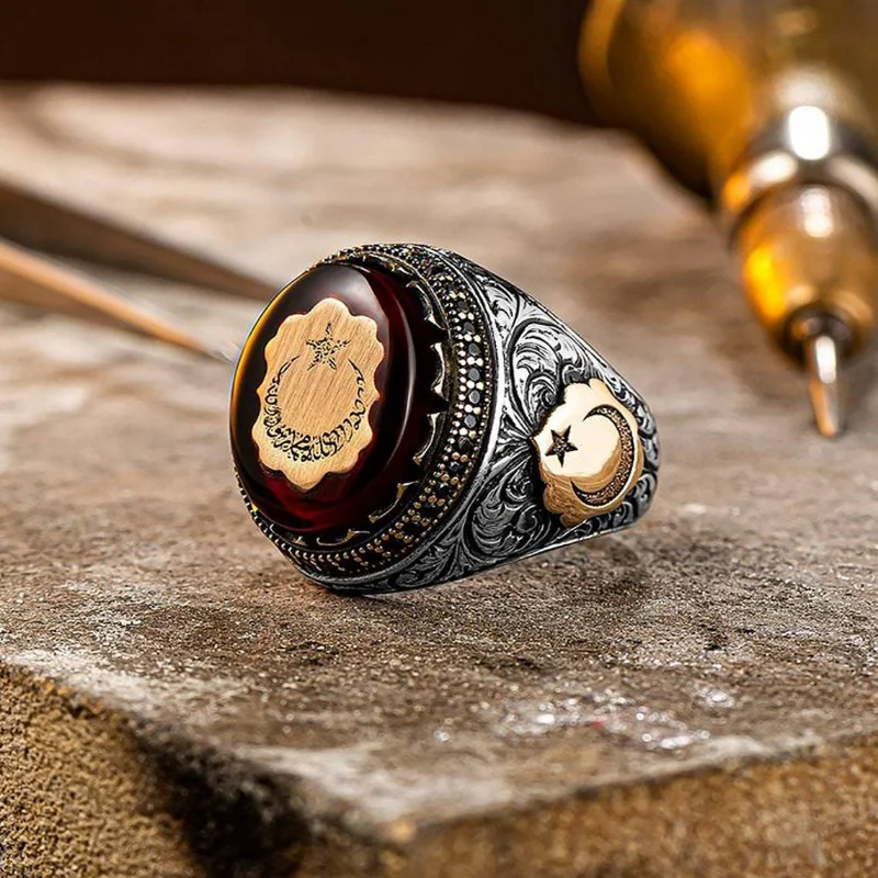 

Retro Handmade Turkish Ring for Men Vintage Silver Color Red Zircon Rings Punk Trendy Islamic Religious Muslim Jewelry