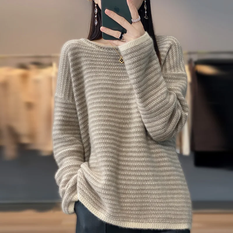 

Женский трикотажный пуловер из 100% мериносовой шерсти, в полоску, с круглым вырезом, большие размеры, корейский кашемировый свитер, Осень-зима