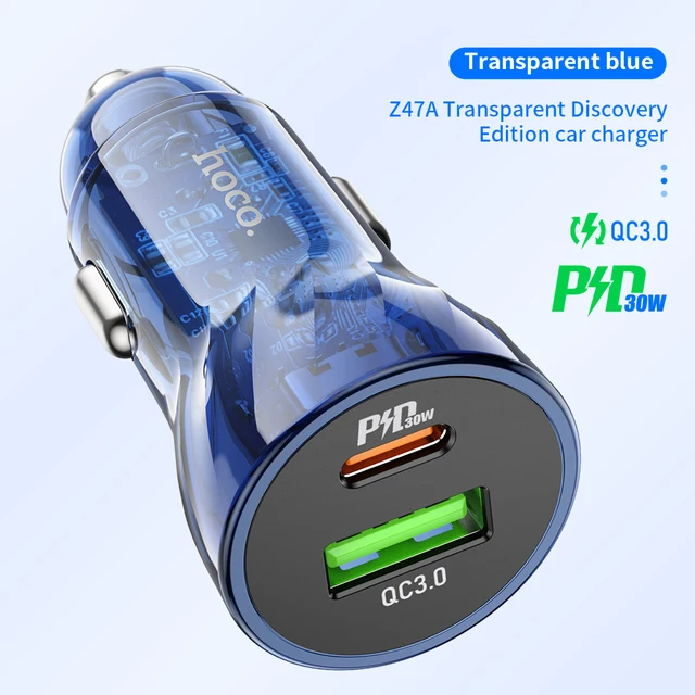  HOCO Transparent PD 30W USB Car Charger Fast Charging QC Supercharge FCP For iPhone 14 13 Pro Max PD Type C Charger Car Charger 