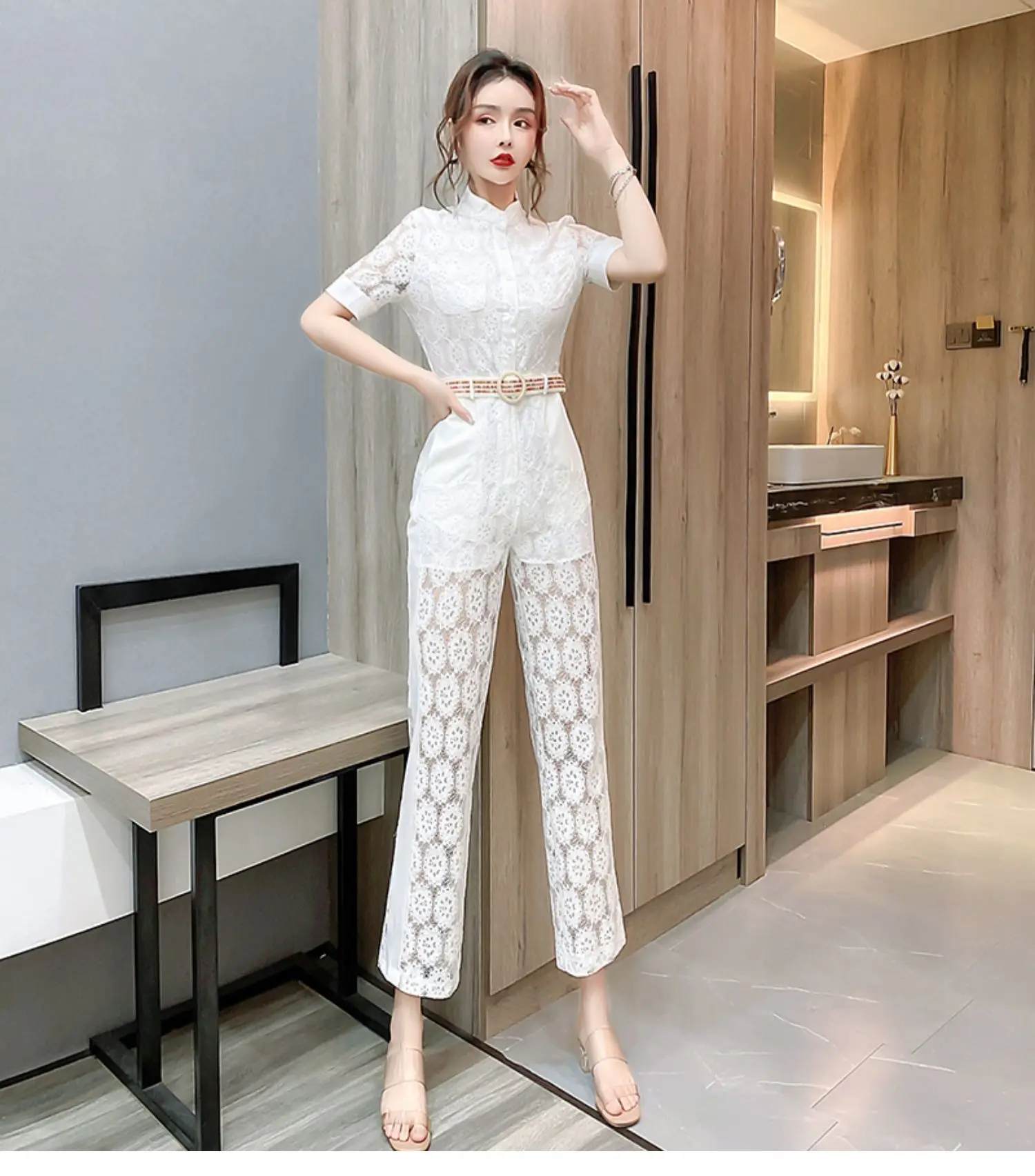 new summer office lady fashion casual brand female women girls short sleeve lace jumpsuits