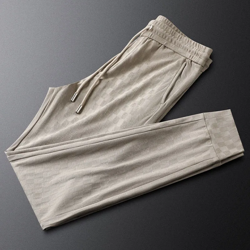 Khaki check pressed glue craft casual sports pants men's slim summer thin men's sweatpants