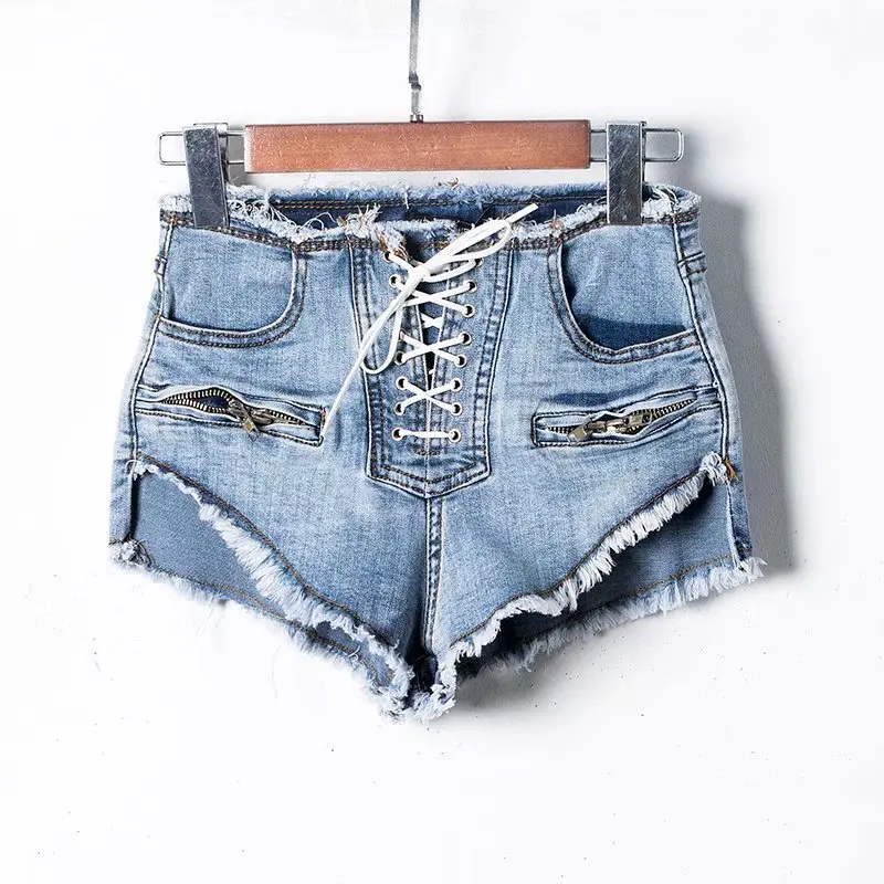 Summer Women New Fashion Zipper Sexy Shorts High Waist Denim Shorts Female White Front Lace-Up Korean Washed Short Jeans Casual