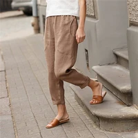 womens cotton linen pant loose ankle length cropped pants ladies solid color casual trousers comfortable breathable street wear