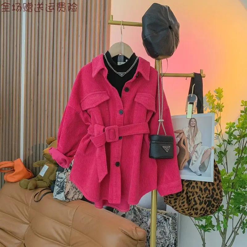 

2022 Fashion Baby Girl Corduroy Shirt Jacket Long with Waist Belt Child Spring Autumn Coat Girls Outwear Coats Clothes 3-9 Years