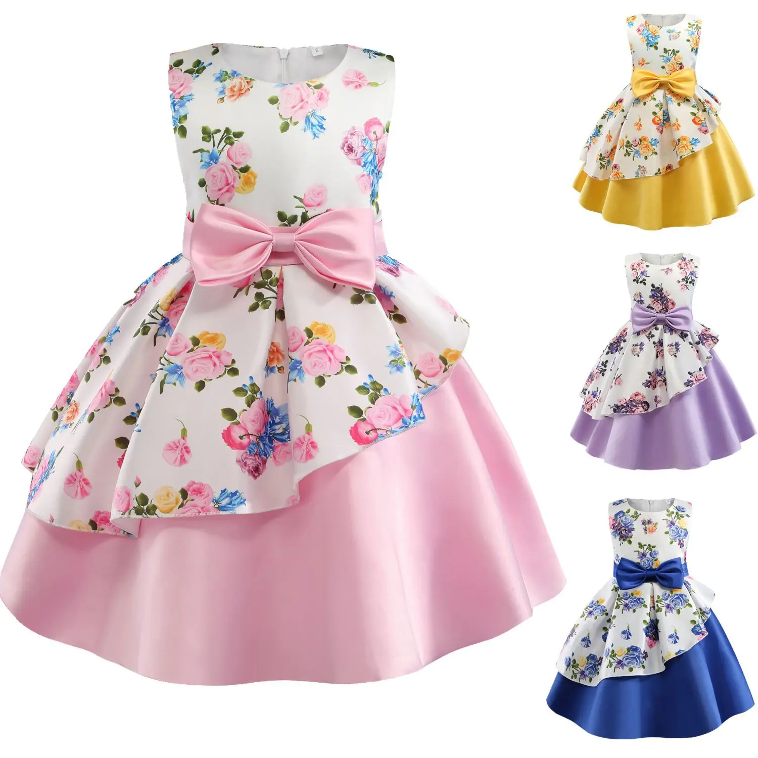 

2-9 Years Kids Elegant Flower Girl Asymmetrical Dresses for Wedding Birthday Pageant Tea Party Ruffles Layered Floral Formal