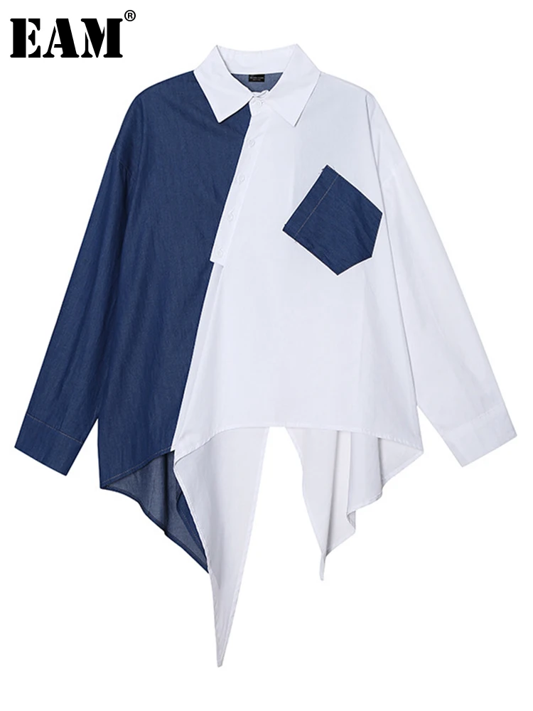 

[EAM] Women White Color-block Big Size Irregular Blouse New Lapel Long Sleeve Loose Fit Shirt Fashion Spring Autumn 2022 1DE7016