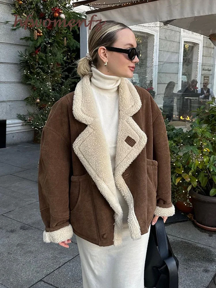 Женская винтажная коричневая куртка из овечьей шерсти с длинными рукавами и