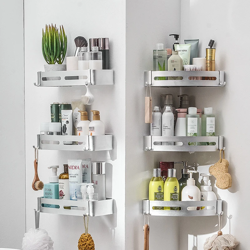 

Corner Shelf Bathroom Storage Shelves Aluminum Toilet Triangle Towel Storage Wall-free Punching Shower Rack Bathroom Accessories