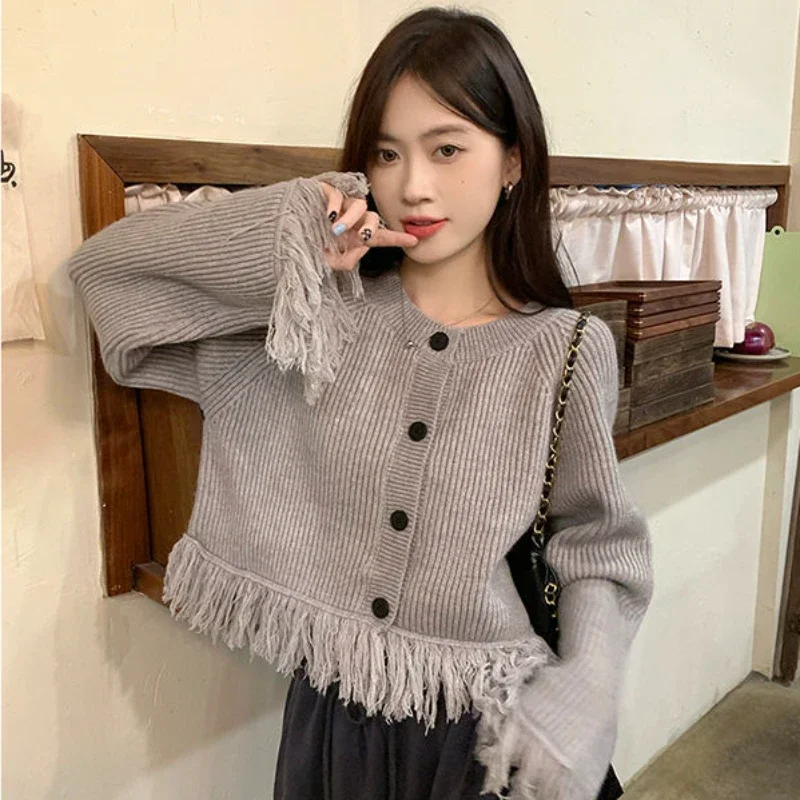 

Cardigan Round O Neck Knitted Top for Women Winter Button Ladies Sweaters Grey Cold Long Sleeve Tricot Blouse Warm Autumn 2023