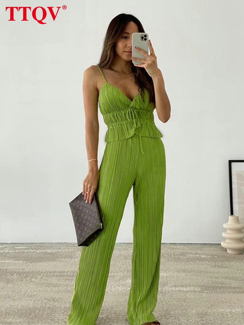 

TTQV Fashion Green Two Piece Set For Women Elegant Spaghetti Strap V-neck Lace-up Tops And High Waisted Straight Trousers Sets