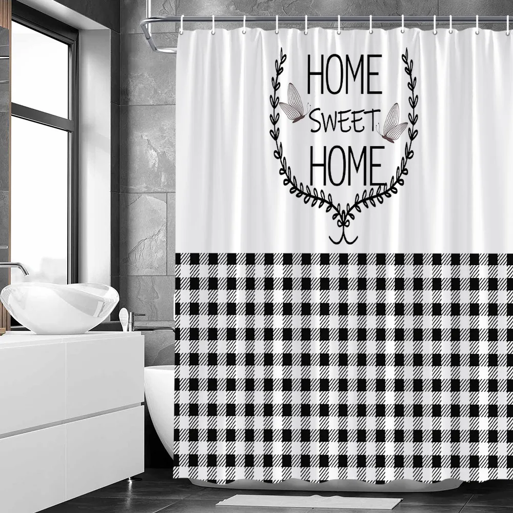 Simple Quotes Letters Shower Curtain Set Geometric Red Black Buffalo Grid Farm Style Bathroom Decor Accessories Hanging Curtains images - 6