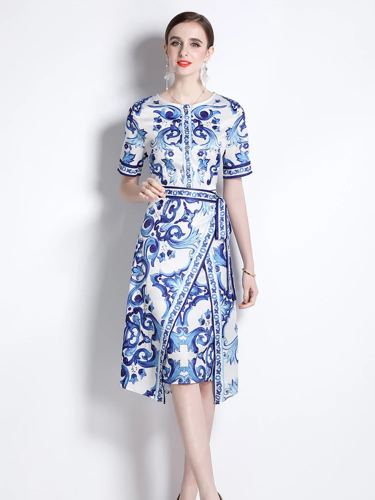 

Summer Dresses for Women 2023 Vestidos Para Mujer Feminino Print Vintage Short Sleeve Robes Femme Blue Casual Holiday Runway