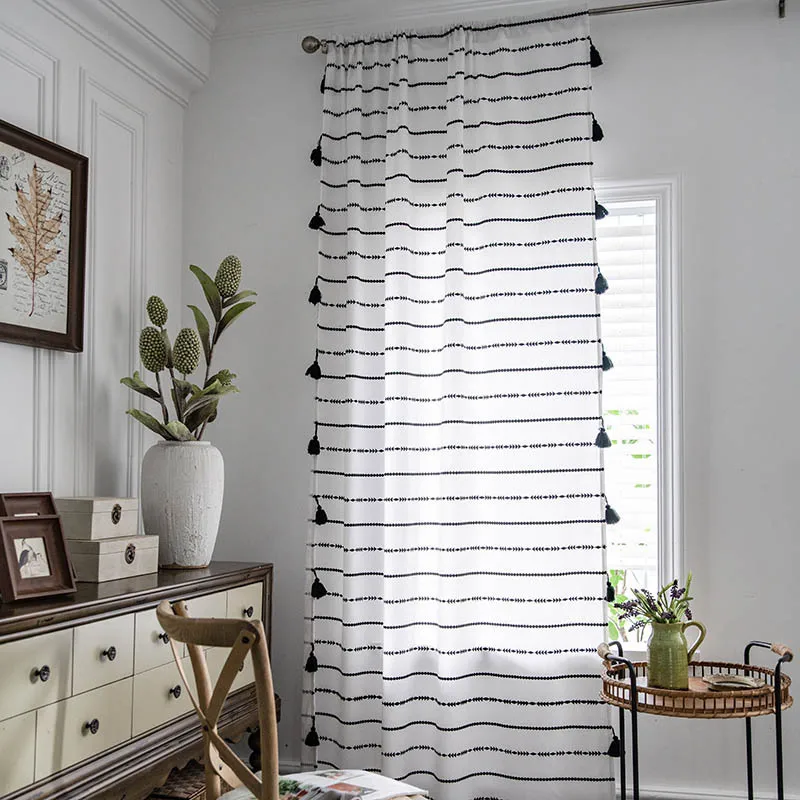 American Curtains Bohemian Black Stripes Printed Handmade Large Hanging Spikes Translucent Three Ways Rod Punch Hook |