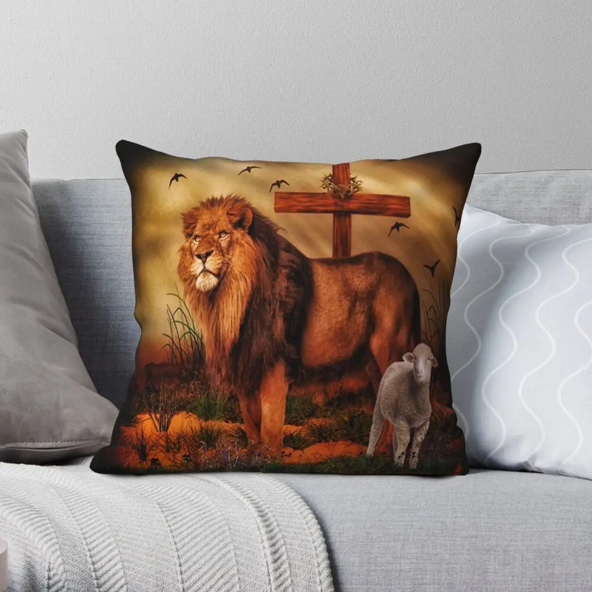 

The Lion And The Lamb Pillowcase Polyester Linen Velvet Printed Zip Decor Sofa Cushion Cover