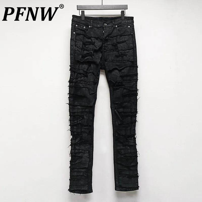 

PFNW Double Thread Darkwear Wind Erosion Waxy Jeans Damage High Street Patch Work Knife Cutting High Elastic Pants Men 12A4538