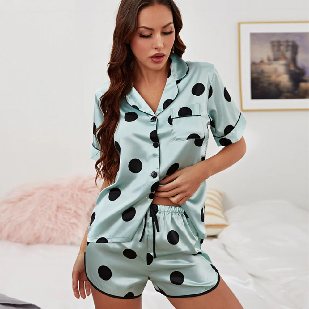 Summer Womens Silk Satin Pajamas Set Short Sleeve Two-piece Pj Sets Sleepwear Loungewear Button-Down Shorts Pijama Mujer