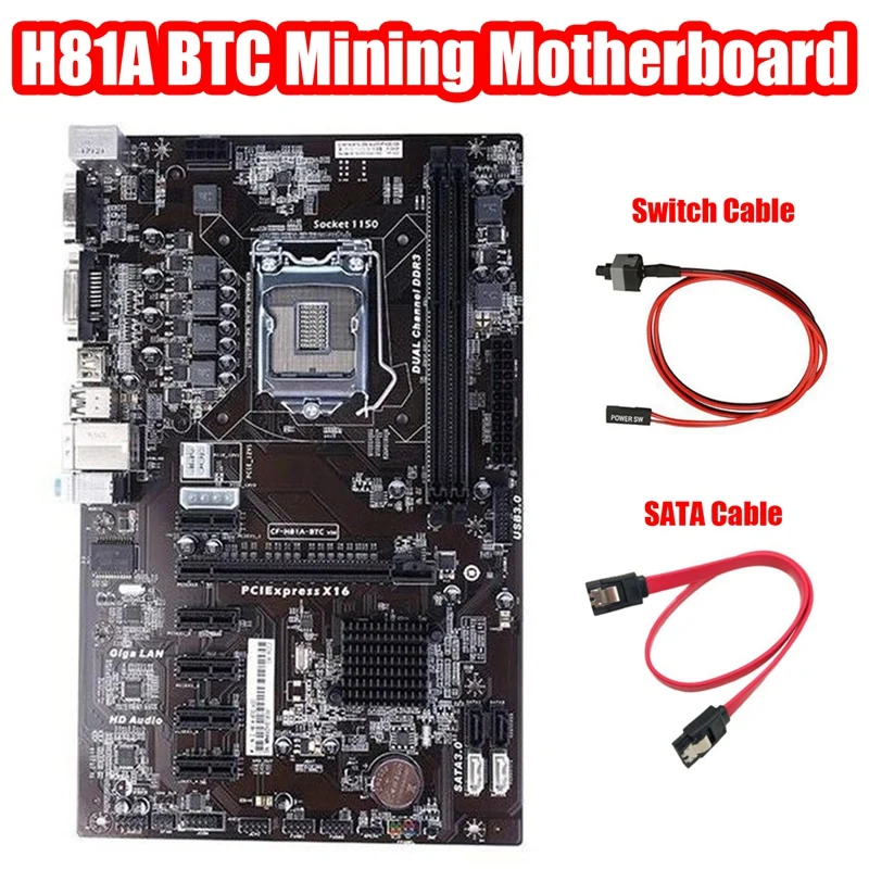 

H81A BTC Mining Motherboard+Switch Cable+SATA Cable LGA1150 DDR3 RAM Slot 6 PCIE Card Slot H81 Pro ETH Motherboard