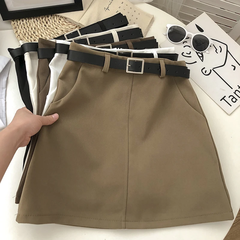 

Casual Women A-line Package Hip Skirt Solid Korean High Waist Skirts Ladies Harajuku Vintage Mini Short Skirts Belt Female