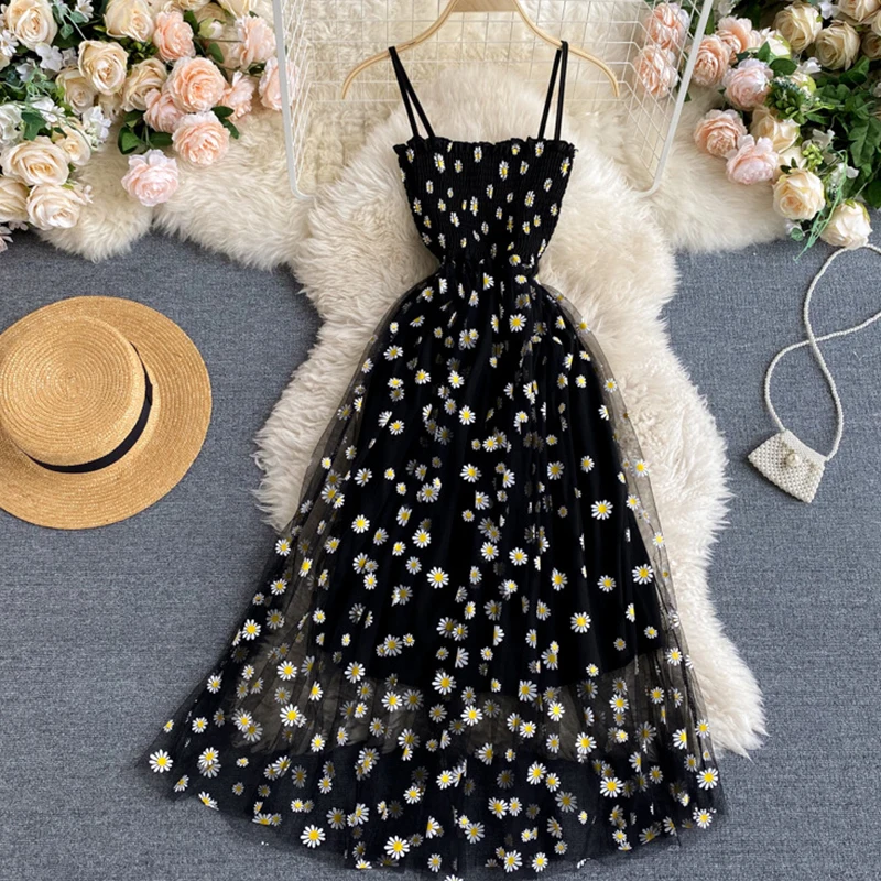 

Women Elegant Slip Mesh Floral Dress Sexy Beach Dresses Woman Party Night Korean Kawaii Ruffle Backless Spaghetti Strap dress