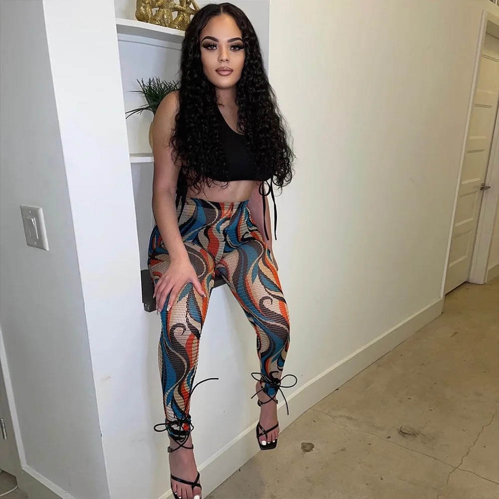 Wishyear 2022 Women High Waisted Sport See Through Pants Sexy Club Wear Tights Fashion Printed Mesh Leggings Pants