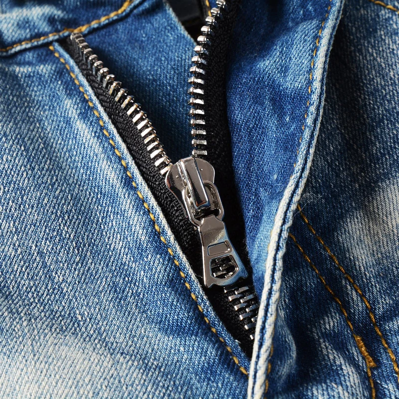 High Street Fashion Men Jeans Retro Light Blue Stretch Skinny Fit Ripped Jeans Men Leather Patched Designer Hip Hop Brand Pants