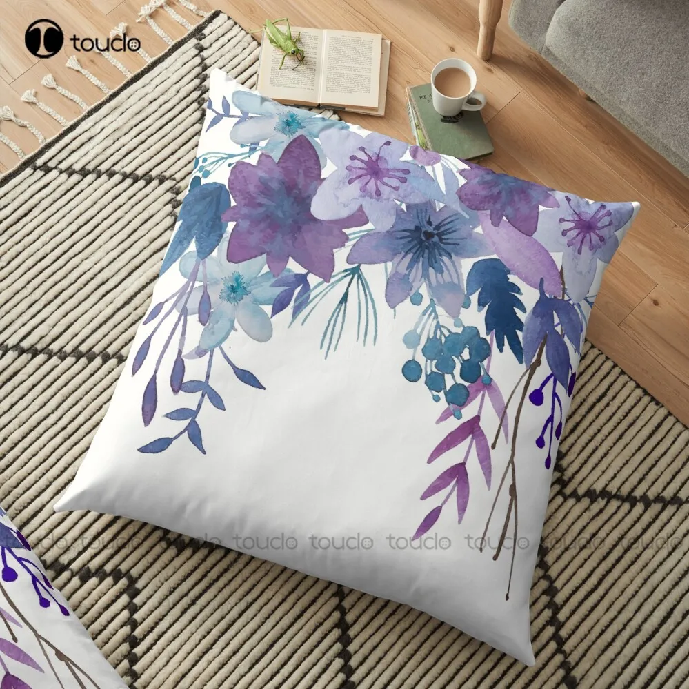 Blue Purple Flowers Throw Pillow Euro Pillows 26X26 Polyester Linen Printed Zip Decor Pillow Case Home Hotel Fashion Bedroom