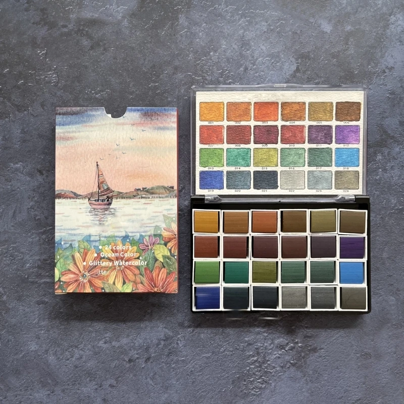 

OFBK Artist Watercolor Paints 24 Metallic Color Solid Watercolor Set Portable Art Set
