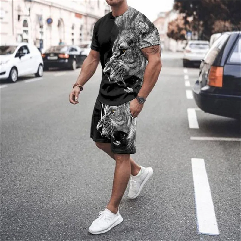 

Summer Tracksuit Sets 3D Print Lion Men's T-shirt Sweat Suits 2 Piece Breathable Sportswear Man Sport Suit O-neck Street Clothes
