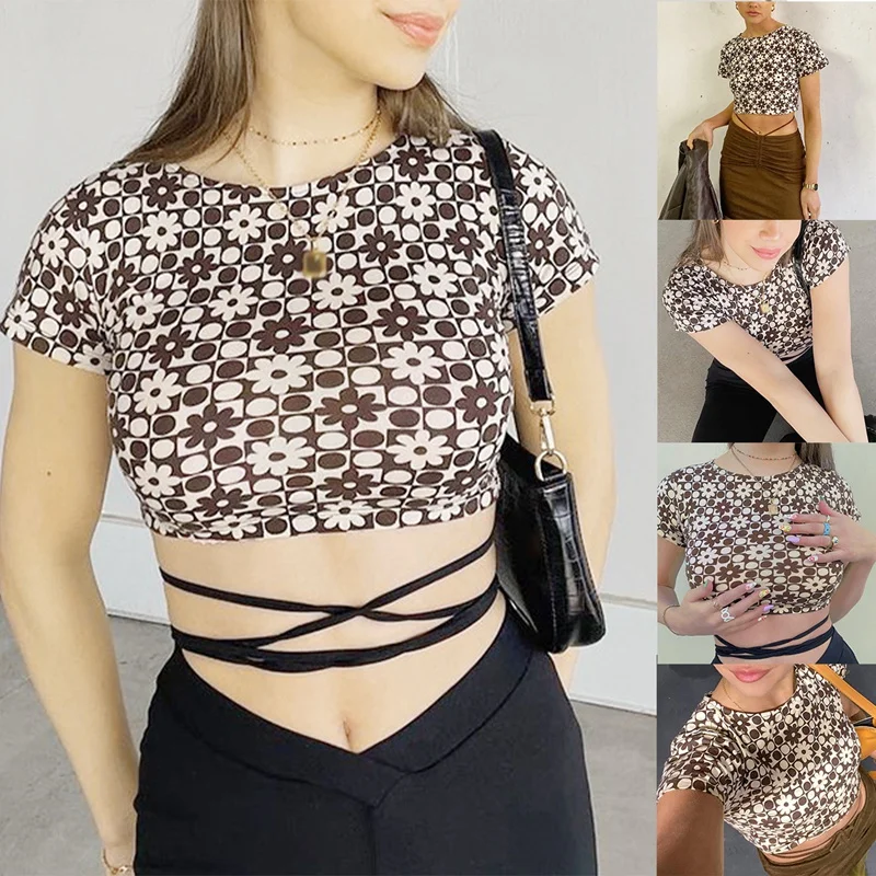 

Floral Printed Short Sleeve Crop Top T Shirt Women Basic Brown Vintage T-Shirt Summer Ladies Fashion Tees Streetwear