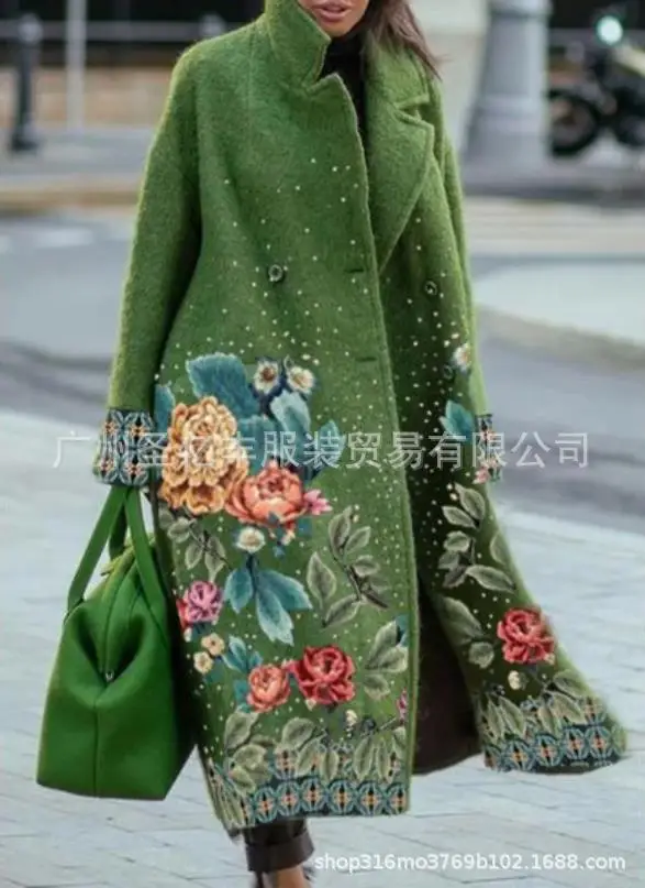 

2023 Woolen Coat Printed Temperament Slim Fit Flip Collar Commuter Long Coat Long Coat