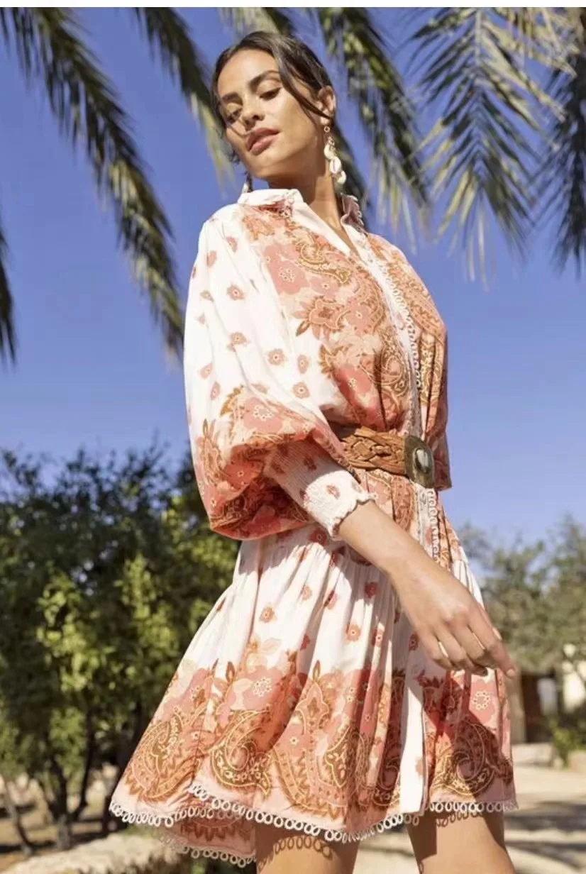 

Fashion Classic Trendy Luxury Designer Women Spring Summer Vintage Print Lapel High Waist Lantern Sleeve Printed Short Dress