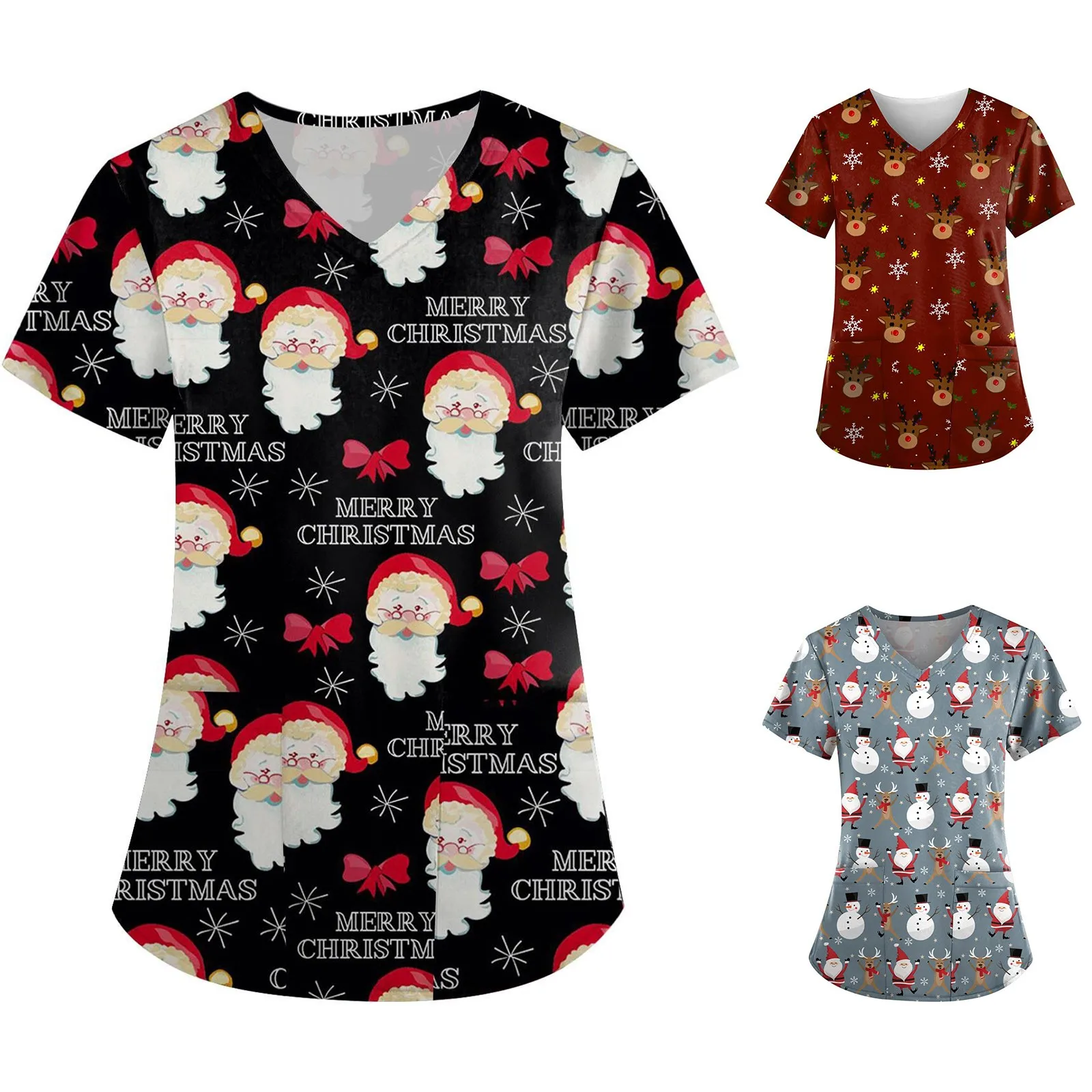 

Winter Base Layer Women Casual Shirt For Women Merry Christmas Printed Short Sleeve V Neck Holiday Fun Long Sleeves Shirt Women