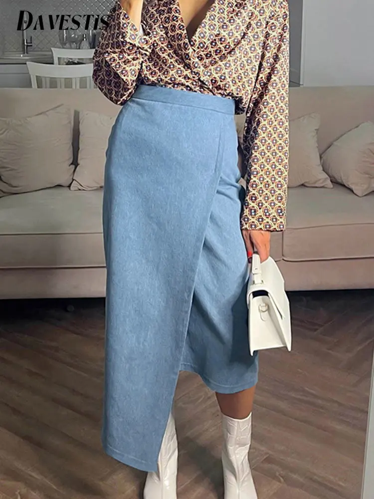 

2023 Spring French Light Blue Denim Skirt for Women's Asymmetric Slit Midi Skirts Women's Casual Fashion Slim Bag Hip Skirt