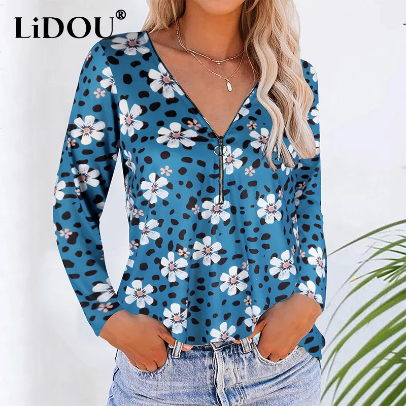

Summer 2022 Street Style Vintage Floral Print V-neck Zipper Slim Pullover Top Women Casual Fashion Long Sleeve T-shirt Lady Tees