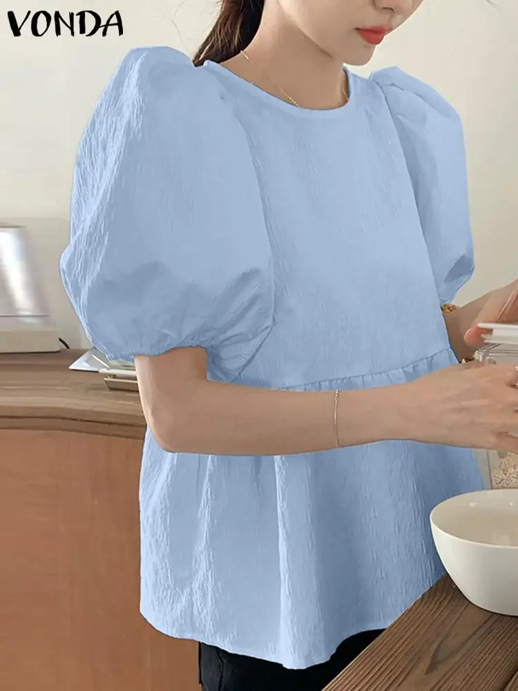 

VONDA Women Summer Tops Fashion Blouses 2023 Short Puff Sleeve Casual Shirts Round Neck Solid Color Tunic Elegant Blusas Femme
