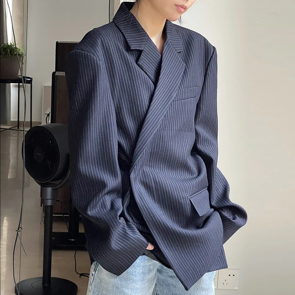 TWOTWINSTYLE винтажные полосатые свободные пиджаки для женщин с зубчатым воротником и