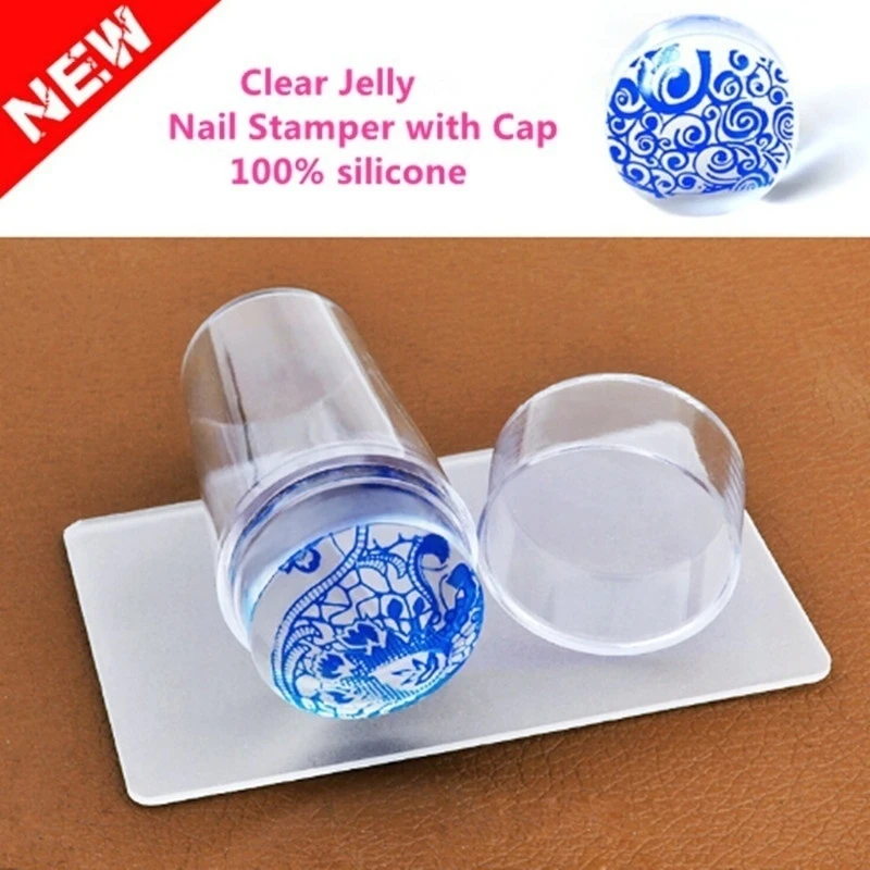 

New Design Pure Clear Jelly Silicone Nail Art Stamper Scraper with Cap Transparent 2.8cm Nail Stamp Stamping Tools