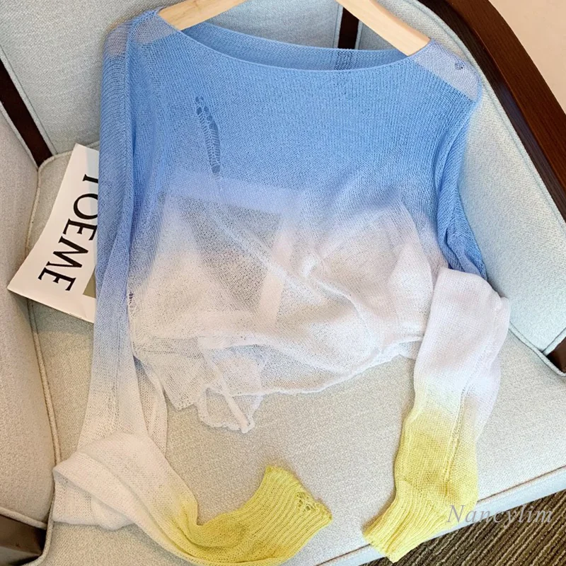 

2023 Fall Autumn High-Grade Loose Korean Style Pullover Thin Sweater for Women Holes Gradient Long Sleeve Sweater Pull Femme