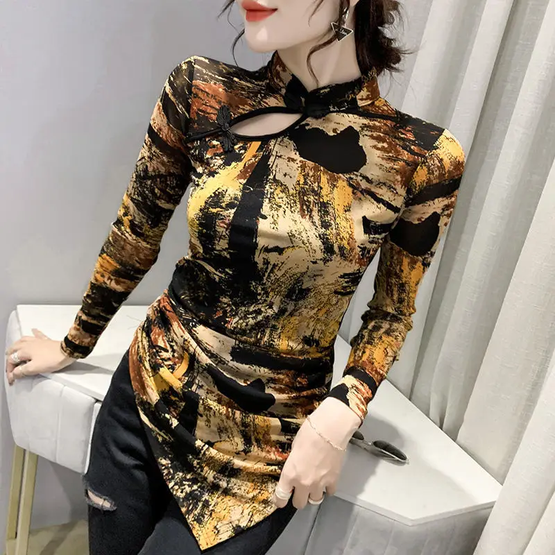 

Women t shirt Stylish standing top shirt female 2022 autumn new irregular disk buckle hollow dress long sleeve shirt T-shirt