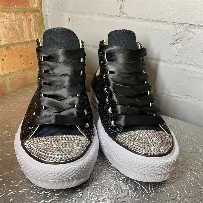 

Thick bottom waterproof table handmade custom high top canvas shoes casual black rhinestones women 35-46