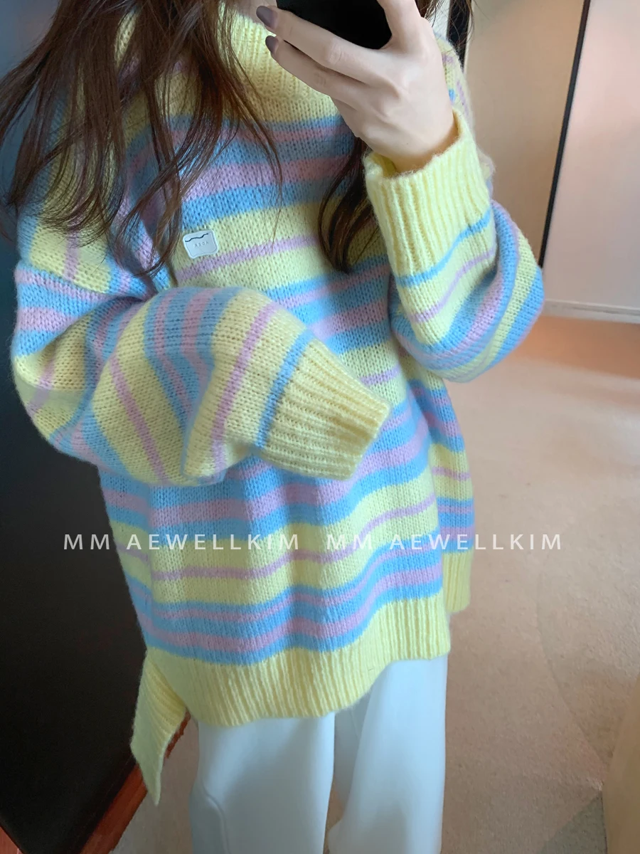 ADER ERROR Autumn/Winter niche design high-end men and women's loose and lazy style pink striped milk hoo sweater