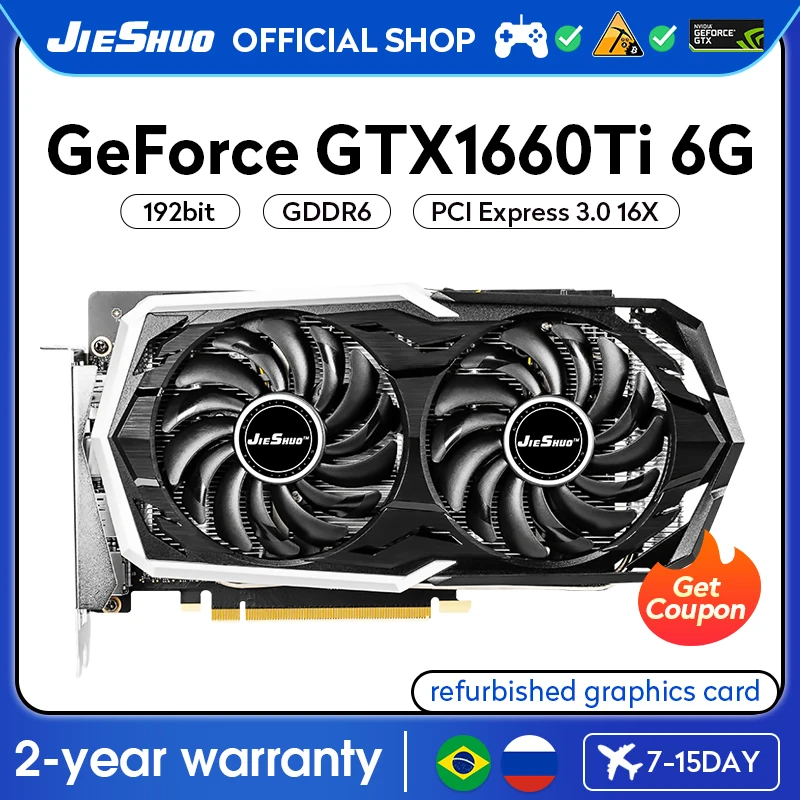 

JIESHUO NVIDIA GTX 1660TI 6GB Gaming Graphics GPU GDDR6 192bit PCI-E 3.0X16 GTX1660TI 6G PC Desktop Video Office KAS RVN CFX Etc