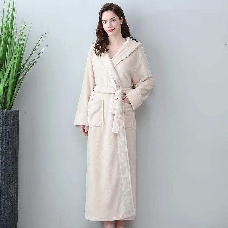 

Solid Women's Bathrobe Long Sleeve Flannel Ladies Robe with Sashes Kimono Winter Thick Terry Pockets Warm Home Clothes Female